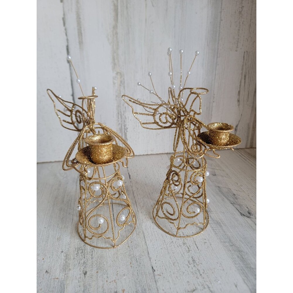 Glitter golden angel candlestick‎ holder Xmas religious set decor